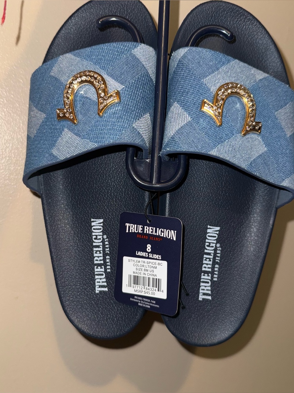 True Religion Denim blue slides w gold Size: 8 US but Fits small More like a 7/8